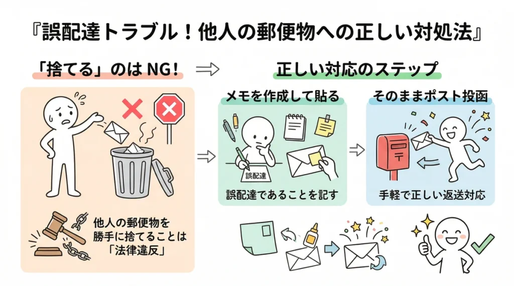 他人の郵便物が誤配達された時の正しい対処ステップ。勝手に捨てるのは法律違反。メモに誤配達であることを記して貼り、そのままポストへ投函して返送する。