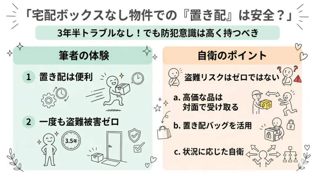 宅配ボックスなし物件での置き配のリアル。筆者は3年半盗難被害ゼロで便利だったが、リスクを考え高価な品は対面で受け取るなど自衛のポイントが重要。
