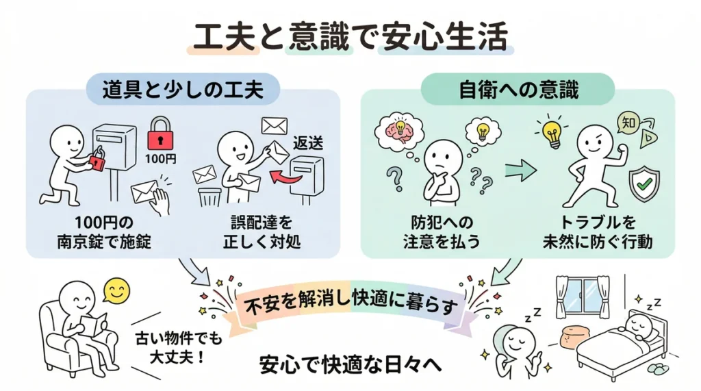 工夫と意識で安心生活を送るまとめ図解。100円の南京錠や誤配達の正しい対処といった少しの工夫と、自衛への防犯意識を持つことで、トラブルを未然に防ぎ快適に暮らせる。