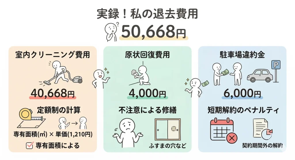ビレッジハウスに3年半入居した際の実録退去費用内訳。室内クリーニング40,668円、原状回復（ふすま穴）4,000円、駐車場違約金6,000円で合計50,668円であることを示す表。