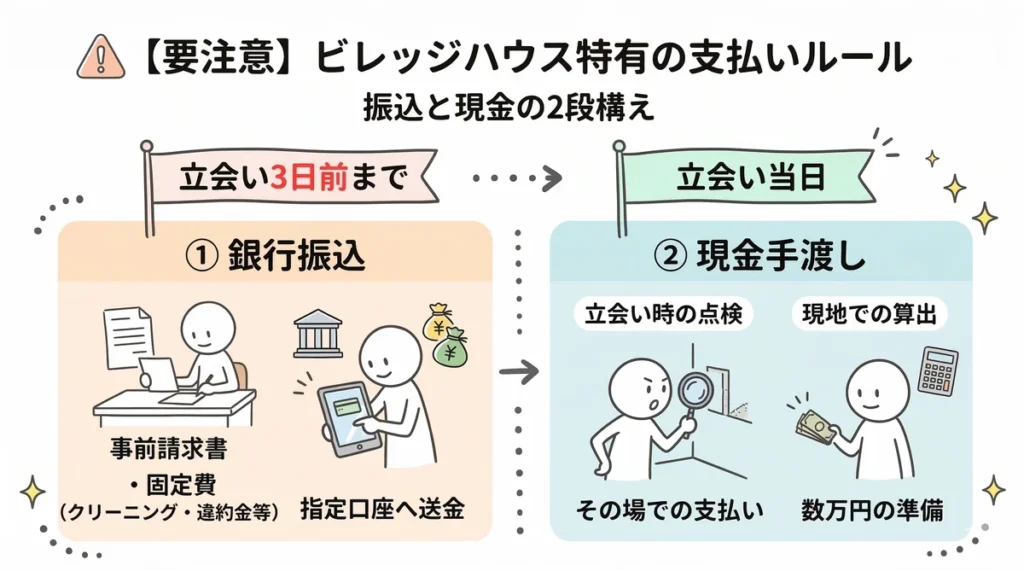 ビレッジハウス特有の支払いスケジュール図。立会い3営業日前までの銀行振込（クリーニング代等）と、立会い当日の現金精算（原状回復費）の2段階の流れを解説。