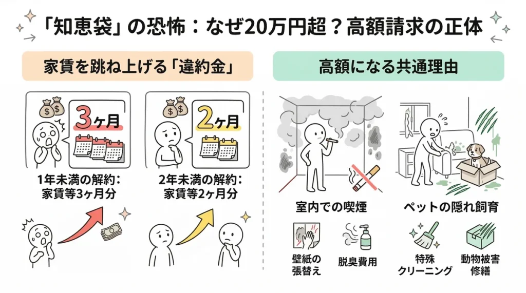 短期解約違約金のルール図。1年未満の解約で家賃3ヶ月分、2年未満で2ヶ月分が発生することと、敷金がないため全額持ち出しになる注意点を説明。