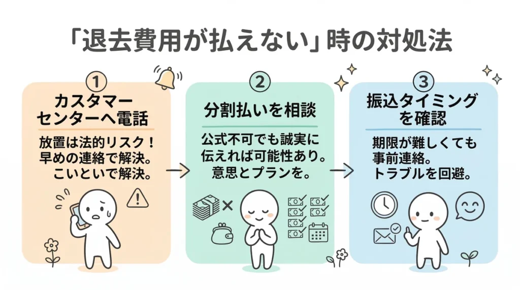 退去費用が払えない時の対処法。カスタマーセンターへの電話相談、分割払いの交渉ポイント、クレジットカードの後から分割利用などを紹介。