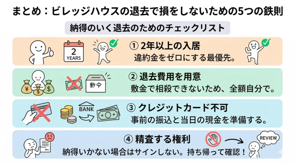 ビレッジハウス退去のまとめ図。2年以上住む、全額持ち出しの覚悟、現金準備、火災保険の解約、安易にサインしない、という5つの鉄則をまとめたチェックリスト。