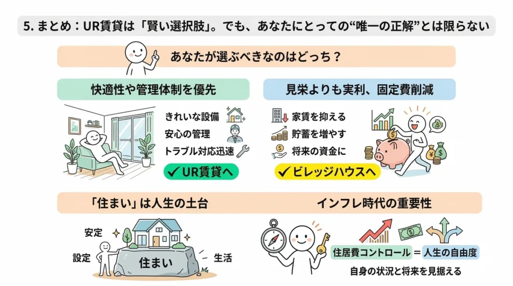 住宅選びの最終判断。快適性優先ならUR、実利優先ならビレッジハウスを推奨。住居費コントロールが人生の自由度に繋がると説いている。