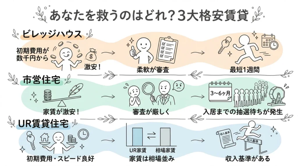 ビレッジハウス、市営住宅、UR賃貸住宅の3大格安賃貸を比較した図解。ビレッジハウスは「初期費用数千円・柔軟な審査・最短1週間」、市営住宅は「家賃が激安・審査が厳しく入居までの抽選待ち3〜6ヶ月」、UR賃貸は「初期費用とスピード良好・家賃は相場並み・収入基準あり」といった各特徴を比較している。