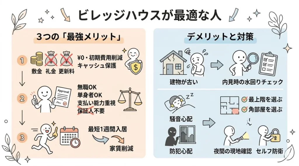 ビレッジハウスの3つのメリット(初期費用削減、柔軟な審査・保証人不要、最短1週間入居)と、デメリット(建物が古い、騒音、防犯)への対策をまとめた図。内見時の水回りチェック、最上階・角部屋の選択、夜間の現地確認やセルフ防衛などの具体的な解決策を提示している。