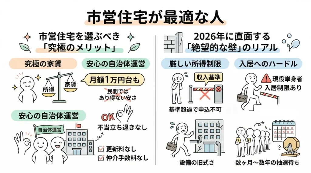 市営住宅の「究極のメリット」と「絶望的な壁」の解説図。月額1万円台もあり得る家賃の安さや自治体運営の安心感を紹介する一方、2026年も残る厳しい所得制限、単身入居のハードル、設備の旧式さ、数ヶ月から数年に及ぶ抽選待ちの現実を伝えている。
