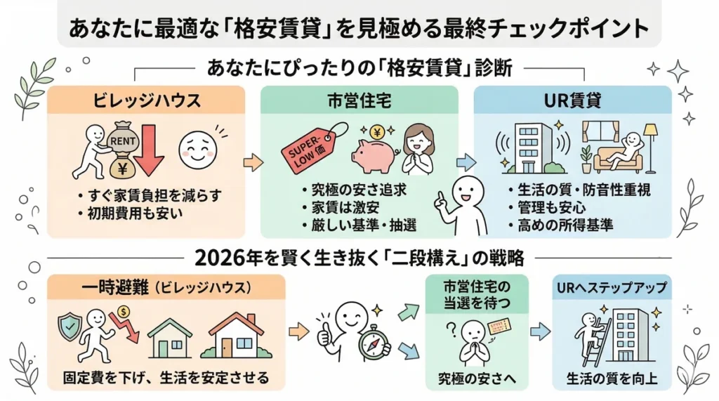 3大格安賃貸のタイプ別診断と、2026年を賢く生き抜く「二段構え」の戦略。まずはビレッジハウスに「一時避難」して固定費を下げ生活を安定させ、その後市営住宅の当選を待つか、資産を貯めてURへステップアップして生活の質を向上させるというロードマップを提案している。