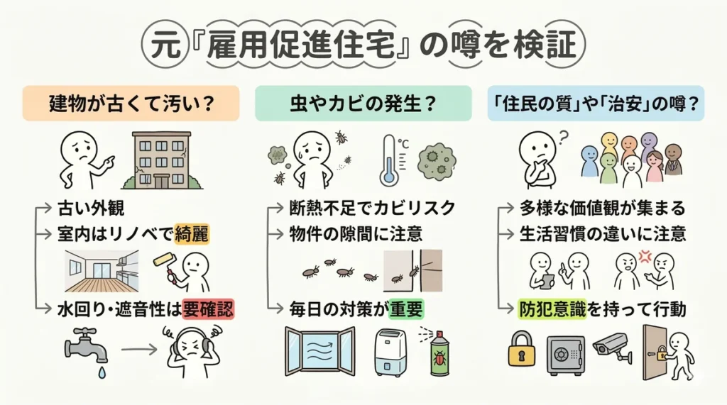 元雇用促進住宅にまつわる「古さ」「虫・カビ」「治安」の噂を検証する図解。外観は古いが室内はリノベーションで綺麗な点、古いRC造ゆえの断熱不足や隙間によるカビ・虫リスクへの対策の重要性、多様な価値観が集まる環境だからこそ必要な防犯意識の徹底について解説。
