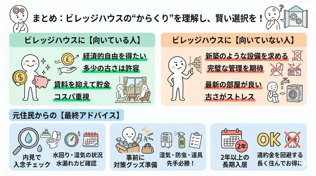 ビレッジハウスの向き・不向きと最終アドバイスをまとめた図解。経済的自由を優先し古さを許容できる人に向いている一方で、最新設備や完璧な管理を求める人には不向きである点、内見での水回りチェックや2年以上の入居を推奨するポイントを解説。