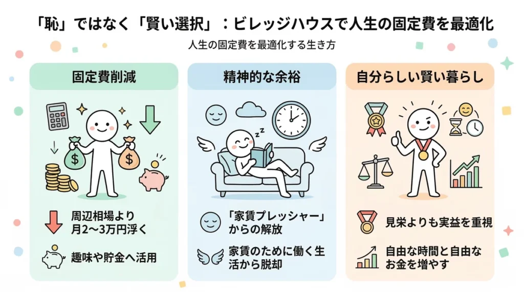 昭和の団地のデメリットをメリットに変える3つの視点を解説する図。外観の古さを「貯金のスピード」へ、不便な設備を「DIYの楽しみ」へ、住民の多様さを「干渉されない気楽さ」へ変換する考え方を示している。