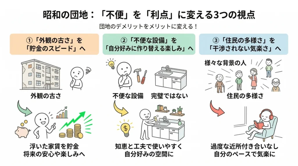 昭和の団地のデメリットをメリットに変える3つの視点を解説する図。外観の古さを「貯金のスピード」へ、不便な設備を「DIYの楽しみ」へ、住民の多様さを「干渉されない気楽さ」へ変換する考え方を示している。