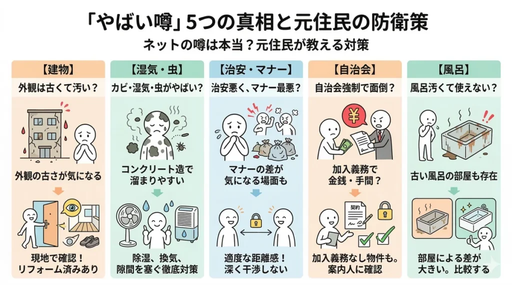 ネットの「やばい噂」5つ（建物、湿気・虫、治安、自治会、風呂）の実態と対策をまとめた図。現地確認や除湿、適度な距離感、ユニットバスの部屋選びなど具体的な防衛策を解説。