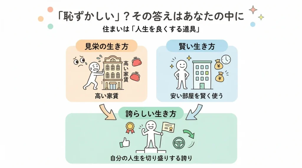 「見栄の生き方」と「賢い生き方」を比較した図。高い家賃のために無理をする生活ではなく、安い部屋を賢く使って自分の人生を切り盛りする、誇らしい生き方を提案している。