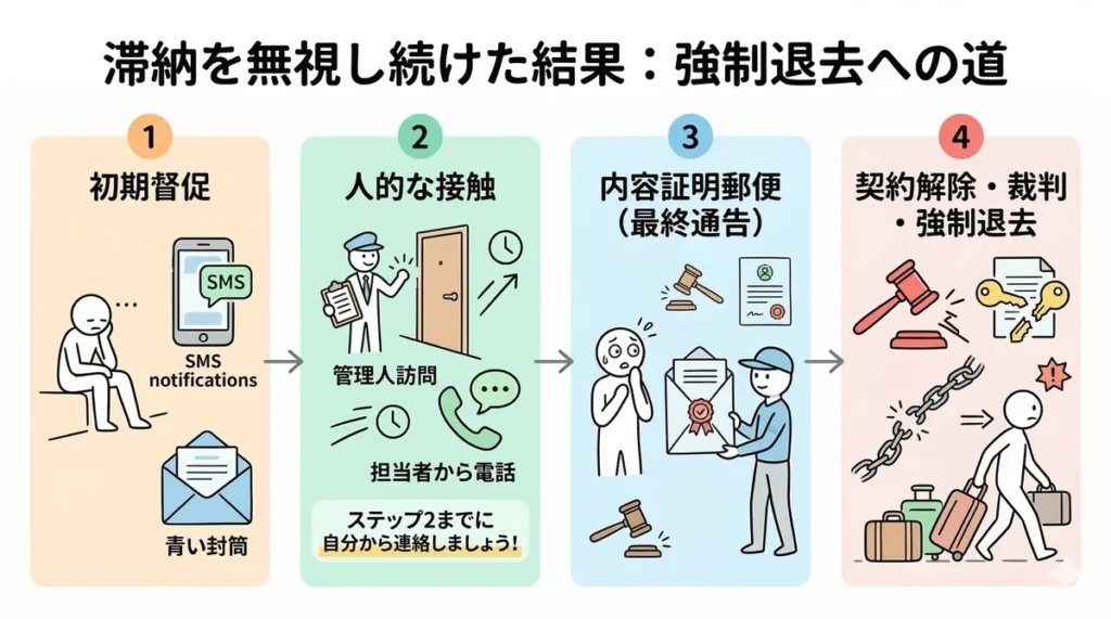 ビレッジハウスで家賃滞納を無視し続けた場合の強制退去までの4ステップ。1.初期督促、2.人的な接触（管理人訪問）、3.内容証明郵便（最終通告）、4.契約解除・裁判・強制退去のスケジュールを段階的に解説。